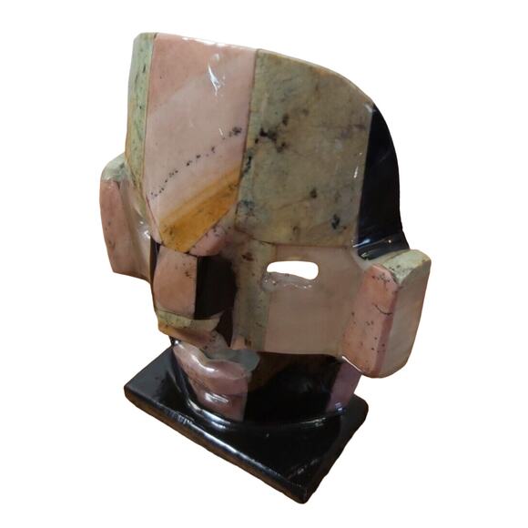 Mayan Aztec Onyx Death Mask Sculpture Folk Art Abalone Mother of Pearl Decor - Picture 3 of 8